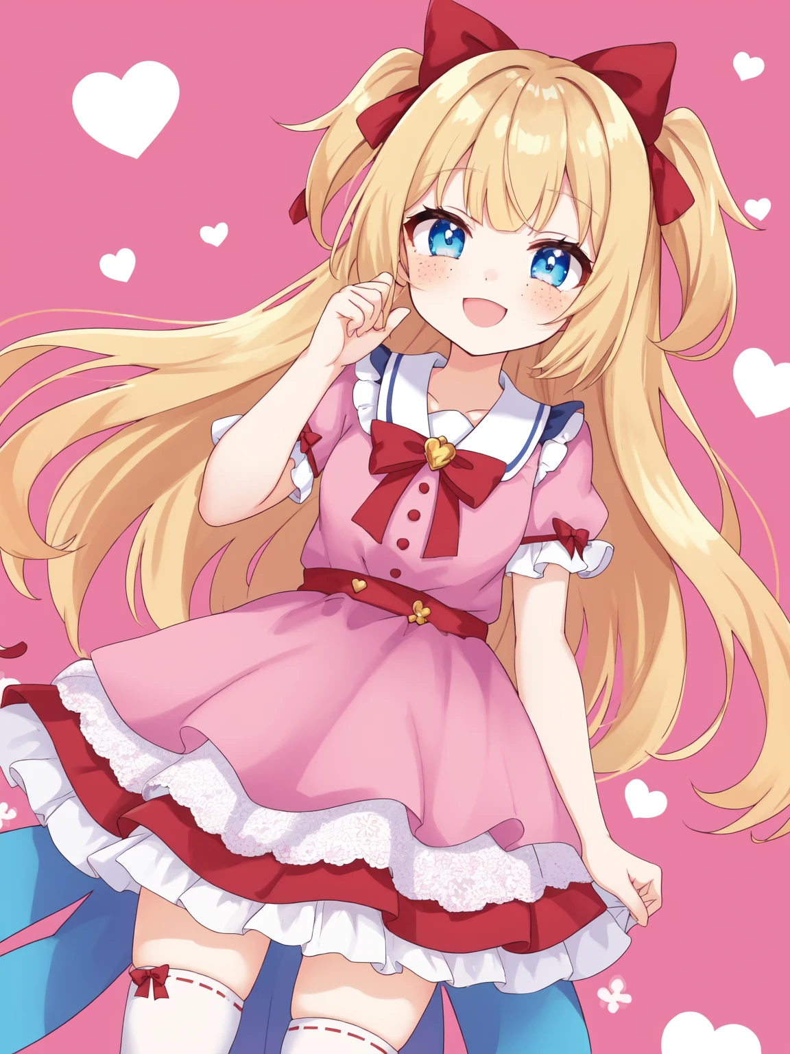 An endearing and cheerful anime girl with long blonde hair, blue eyes, and a cute freckled face smiles brightly as she stands in front of a pastel colored background. She's wearing a frilly pink dress that flares out as she twirls around. Her white thigh-high socks add to her charming appearance
BREAK
cute, kawaii, moe, anime, virtual youtuber, flat colors, dutch angle