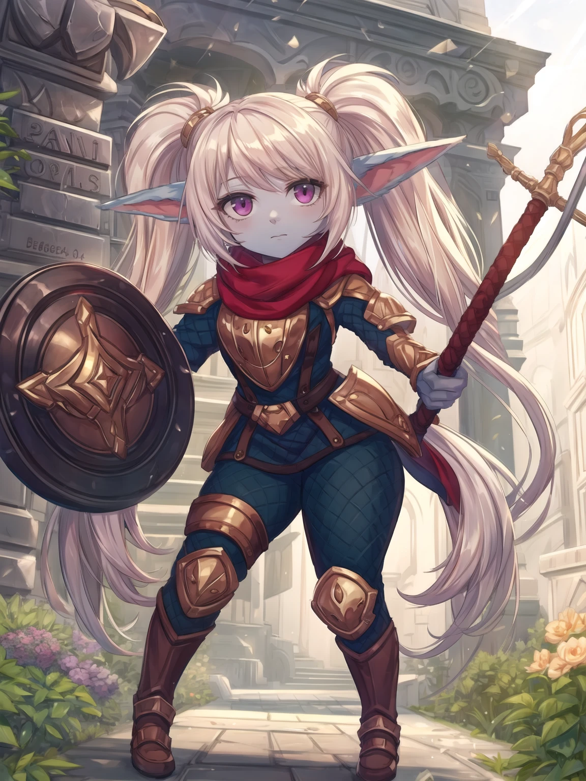 <lora:fix_noiseoffset:1><lora:kupa_poppy:1>, (poppy:1.1), curvy, colored skin, armor, scarf, holding shield, full body, best quality, <lora:torino:1>