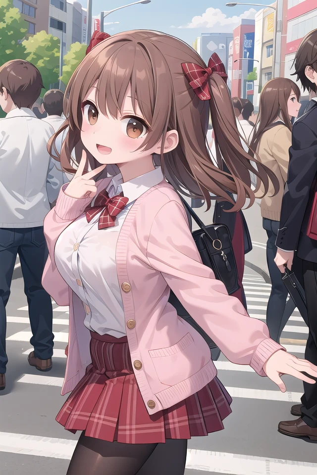 insanely detailed, absurdres, ultra-highres, ultra-detailed, best quality,
1girl, solo, nice hands, perfect hands,
BREAK
(School Uniforms:1.2), (pink cardigan is fit body:1.4), ((do up a buttons, not loose):1.5), ((long sleeve, sleeves past wrists):1.2), (inner wear is white collared-shirt:1.3), (red plaid-pattern bow:1.3), (red plaid-pattern pleated skirt:1.3), ((dark-brown pantyhose, loafers):1.2) ,
BREAK
happy smile, laugh, open mouth, standing,
from side,
cute pose, cowboy shot,
BREAK
slender, kawaii, perfect symmetrical face, ultra cute girl, ultra cute face, ultra detailed eyes, ultra detailed hair, ultra cute, ultra beautiful,
BREAK
in harajuku, shibuya, tokyo, street, crowd, cityscape,
BREAK
medium large breasts,
(brown hair, brown eyes), hime cut