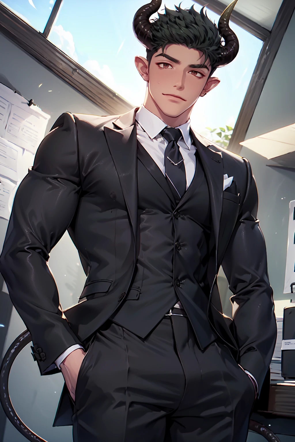 <lora:mik277:0.7>,1boy,male focus,solo,muscular,pectorals,short hair,horns,tail,suit,office,