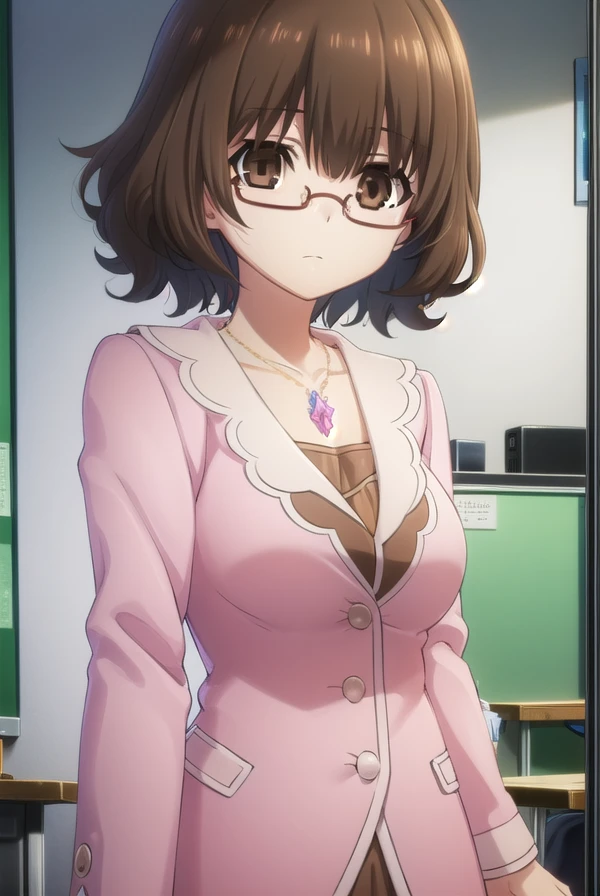 tamaeokamine, <lora:tamae okamine s2-lora-nochekaiser:1>,
tamae okamine, short hair, bangs, brown hair, (brown eyes:1.5), glasses, semi-rimless eyewear, red-framed eyewear, under-rim eyewear, bespectacled,
BREAK shirt, long sleeves, jewelry, necklace, pink shirt, collarbone,
BREAK indoors, classroom,
BREAK looking at viewer, (cowboy shot:1.5),
BREAK <lyco:GoodHands-beta2:1>, (masterpiece:1.2), best quality, high resolution, unity 8k wallpaper, (illustration:0.8), (beautiful detailed eyes:1.6), extremely detailed face, perfect lighting, extremely detailed CG, (perfect hands, perfect anatomy),