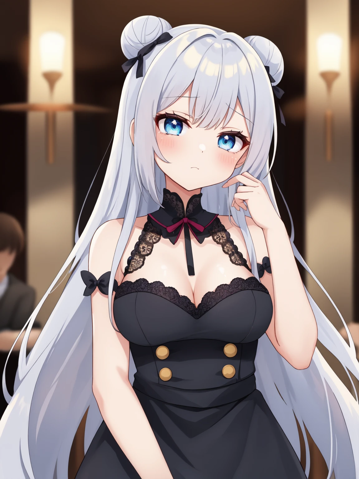 A stunning woman with long silver hair pulled back into a bun, piercing blue eyes, and high cheekbones gazes intently at you from across the room. She wears a black lace dress that hugs her voluptuous figure, revealing her confidence and allure. Her experience and wisdom are evident as she surveys the crowd, searching for her next conquest
BREAK
cute, kawaii, moe, anime, virtual youtuber, flat colors