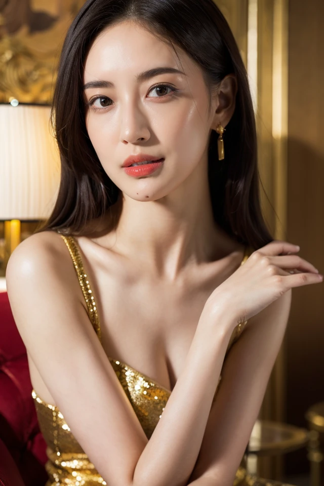 1girl,golden evening dress,best quality,masterpiece,illustration,an extremely delicate and beautiful,CG,unity,8k wallpaper,Amazing,finely detail,masterpiece,official art,extremely detailed CG unity 8k wallpaper,incredibly absurdres,huge filesize,ultra-detailed,highres,extremely detailed,beautiful detailed girl,realistic,full frontal,outdoors,light contrast,<lora:Fujii Karena:0.8>,