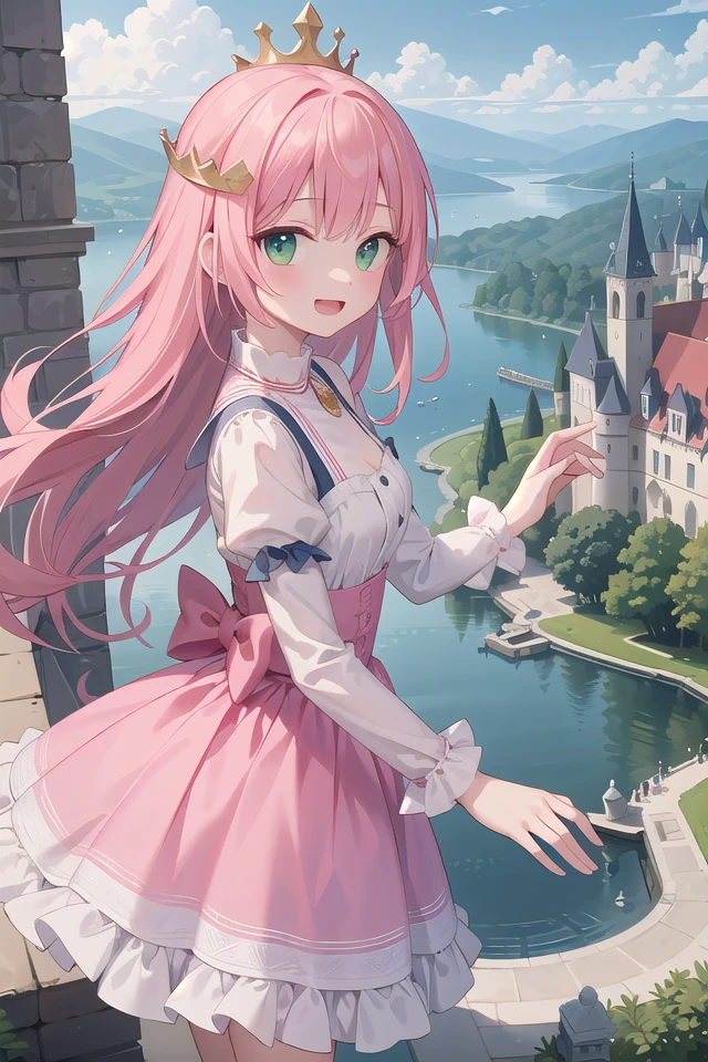 insanely detailed, absurdres, ultra-highres, ultra-detailed, best quality,
1 girl, solo, nice hands, perfect hands,
BREAK,
(wearing princess dress), teara,
happy smile, laugh, open mouth,
standing,
from side, cowboy shot, looking at viewer,
BREAK,
slender, kawaii, perfect symmetrical face, ultra cute girl, ultra cute face, ultra detailed eyes, ultra detailed hair, ultra cute, ultra beautiful,
BREAK,
fantasy world, (castle in background, lake:1.3), (very wide, panorama view, sense of depth, magnificent view:1.3)
BREAK,
princess girl, pink hair, green eyes, medium breasts