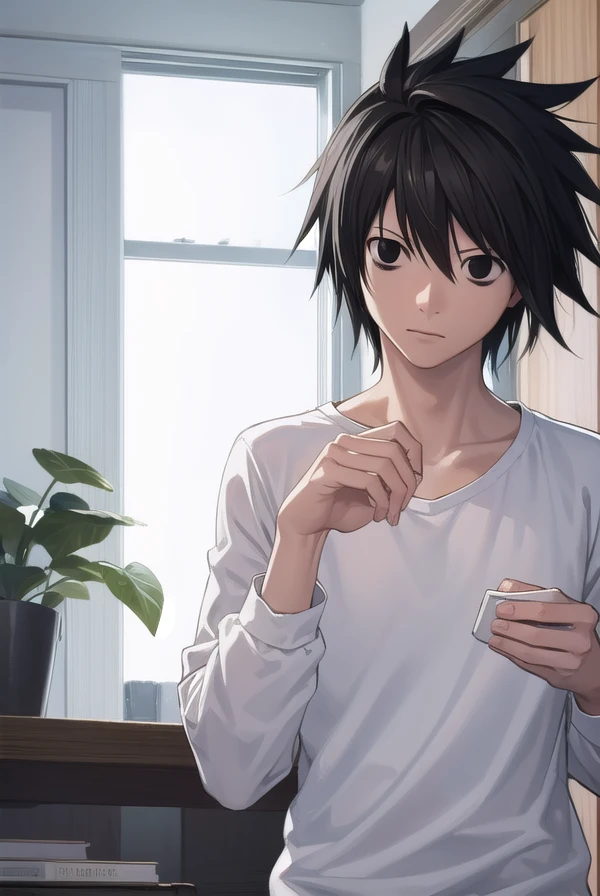 lawliet, <lora:lawliet manga-lora-nochekaiser:1>,
lawliet, male focus, spiked hair, (black eyes:1.5), black hair,
BREAK shirt, white shirt, collarbone, long sleeves, pants, denim,
BREAK indoors,
BREAK looking at viewer, (cowboy shot:1.5),
BREAK <lyco:GoodHands-beta2:1>, (masterpiece:1.2), best quality, high resolution, unity 8k wallpaper, (illustration:0.8), (beautiful detailed eyes:1.6), extremely detailed face, perfect lighting, extremely detailed CG, (perfect hands, perfect anatomy),