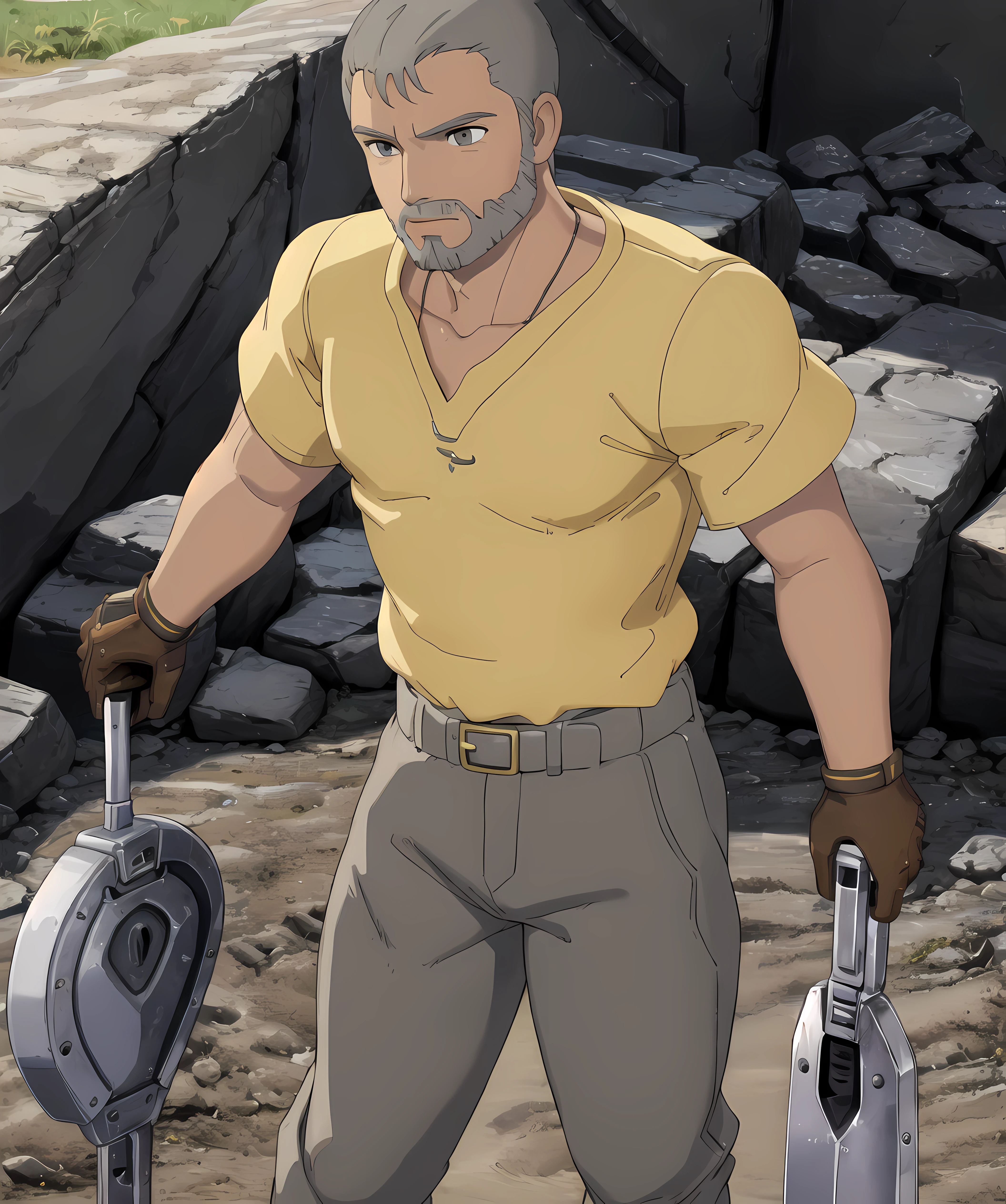marcus_fenix, light yellow shirt, grey short, shovel <lora:Marcus_Fenix:0.65>  <lora:ghibli_style_offset:1>