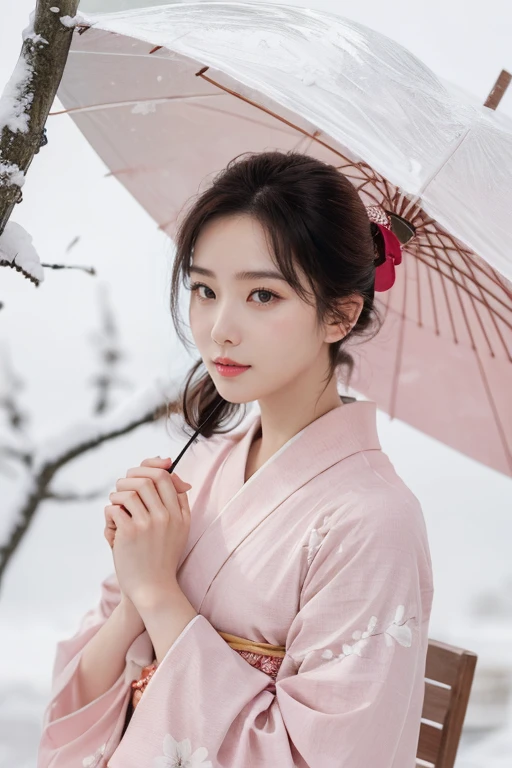 1girl, wearing pink kimono, sitting, ((hand holding white umbrella)), realistic , upper body, close up, snow background,