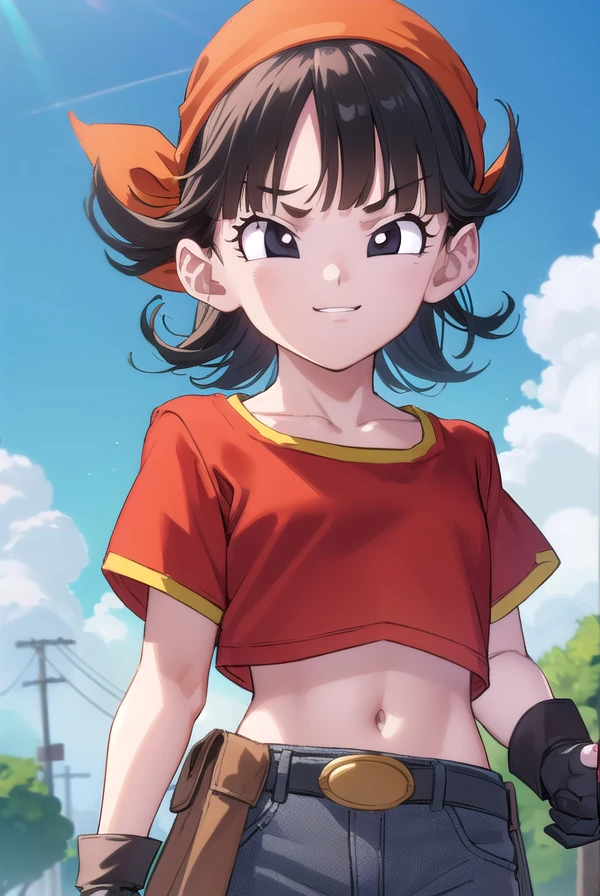 dragonballpan, <lora:dragon ball pan-lora-nochekaiser:1>,
pan gt, short hair, black hair, gloves, short sleeves, black gloves, belt, pants, fingerless gloves, (black eyes:1.5), (red shirt:1.5), black belt, bandana, orange bandana, female , grey pants, smile,
BREAK ,
BREAK outdoors, forest, nature, trees, grass, clouds, sky, sun,
BREAK looking at viewer, (cowboy shot:1.5),
BREAK <lyco:GoodHands-beta2:1>, (masterpiece:1.2), best quality, high resolution, unity 8k wallpaper, (illustration:0.8), (beautiful detailed eyes:1.6), extremely detailed face, perfect lighting, extremely detailed CG, (perfect hands, perfect anatomy),