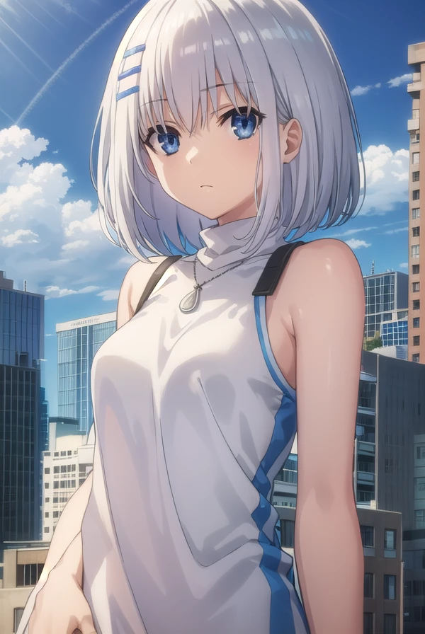 origamitobiichi, <lora:origami tobiichi s2-lora-nochekaiser:1>,
origami tobiichi casual, short hair, blue eyes, hair ornament, bare shoulders, jewelry, white hair, sleeveless, hairclip, necklace, turtleneck, sleeveless turtleneck, strap between breasts, white dress,
BREAK ,
BREAK outdoors, sky, blue sky, clouds, sun, city, buildings, crowd, people,
BREAK looking at viewer, (cowboy shot:1.5),
BREAK <lyco:GoodHands-beta2:1>, (masterpiece:1.2), best quality, high resolution, unity 8k wallpaper, (illustration:0.8), (beautiful detailed eyes:1.6), extremely detailed face, perfect lighting, extremely detailed CG, (perfect hands, perfect anatomy),