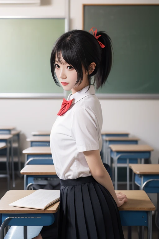 ltra-detailed,highly detailed,best quality,masterpiece,illustration,realistic,
miyamizu mitsuha, 1girl, solo,looking at viewer,portrait,
black hair, ponytail, short hair,
school uniform, hair ribbon,bowtie,short sleeves, collared shirt, pleated skirt,
indoors, classroom,
<lora:miyamizu mitsuha_v1_02:0.7>