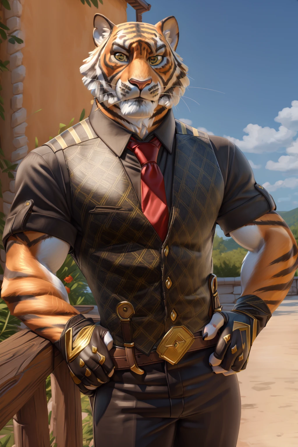 <lora:oscar-09:1>, oscarfortnite, yellow eyes, tail, long tail, mature male, (posing:1.3), (soft shading), 4k, hi res, five fingers, detailed hands, ((detailed face, (detailed eyes:1.5), detailed)), by zackarry911, by zaush, (by personalami:0.5), looking at viewer, shirt, gloves, 1boy, short sleeves, male focus, cowboy shot, necktie, black gloves, collared shirt, belt, pants, fingerless gloves, vest, black pants, red necktie, sleeves rolled up, bulge, hands on hips, black vest