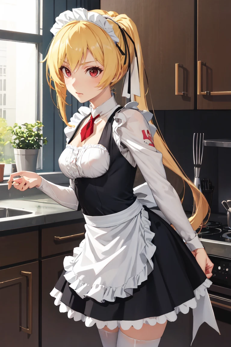 masterpiece, best quality, absurdres, LisesharteAtismata, ponytail, hair ribbon,maid, maid headdress, maid apron, kitchen, <lora:LisesharteAtismata:1>