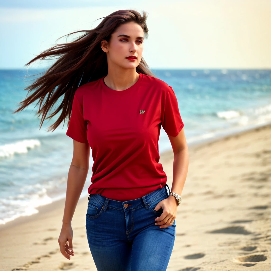 full body <lora:DemiMooreYoungv2Lora:1> woman with wearing a red tshirt and jeans walking on the beach,beautiful girl, high detail skin, high detail eyes, high detail hair,