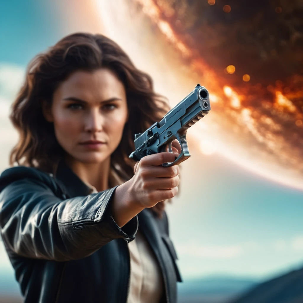 cinematic film still of <lora:Perfect Hand:1.2>
perfection a woman holding a gun in front of a giant planet perfect hand style, shallow depth of field, vignette, highly detailed, high budget, bokeh, cinemascope, moody, epic, gorgeous, film grain, grainy