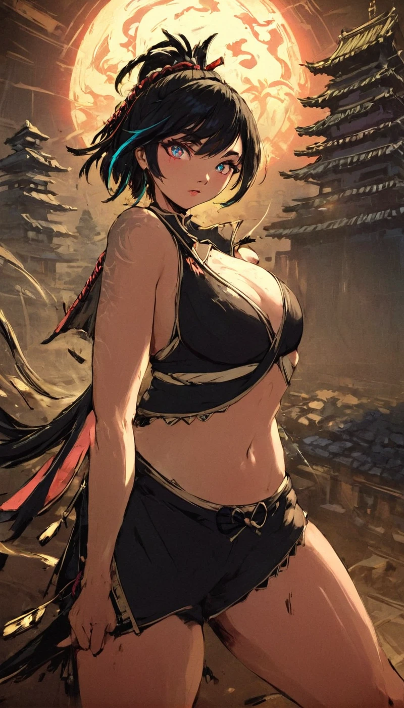 <lora:Akramness_Style_XL:1.45> by_akramness, a ninja, action pose, dynamic angle, by an old japanese castle, (masterpiece), best quality, highres, 4k, 8k, intricate detail, cinematic lighting, amazing quality, amazing shading, soft lighting, Detailed Illustration, official artwork, anime style, wallpaper, official art, chromatic aberration, colorful, bright colors, 1girl, Updo, saggy breasts, Tall body, multi colored eyes, Black hair