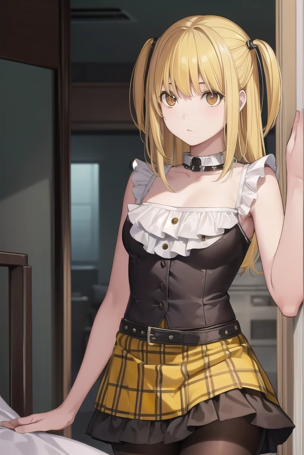 misaamane, <lora:misa amane manga-lora-nochekaiser:1>,
misa amane, twintails, (brown eyes:1.5), (yellow hair:1.5), sidelocks, long hair,
BREAK skirt, pantyhose, sleeveless, belt, cross, frilled skirt, gothic, collar, spiked collar,
BREAK indoors, bed,
BREAK looking at viewer, (cowboy shot:1.5),
BREAK <lyco:GoodHands-beta2:1>, (masterpiece:1.2), best quality, high resolution, unity 8k wallpaper, (illustration:0.8), (beautiful detailed eyes:1.6), extremely detailed face, perfect lighting, extremely detailed CG, (perfect hands, perfect anatomy),