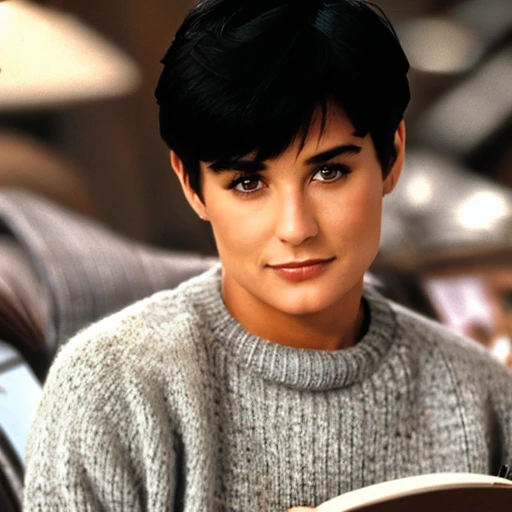 <lora:DemiMooreYoungv2Lora:1> woman with short hair wearing a grey pullover and jeans sitting in a library reading a book,beautiful girl, high detail skin, high detail eyes, high detail hair,