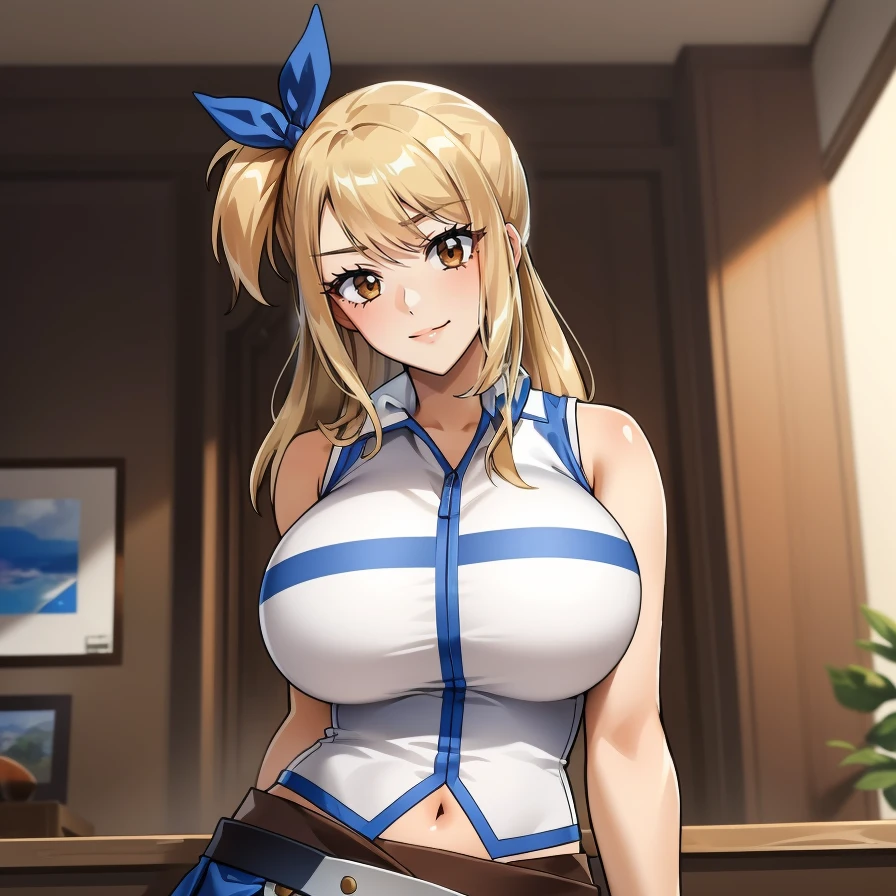 (masterpiece, best quality:1.2), Reine, Thin Lineart, Soft Shading, Film Grain, 1girl, solo, seductive smile, soft light, looking at viewer, breasts, closed mouth, dynamic pose, blonde hair, (light brown eyes), lucy heartfilia, long hair, white shirt, sleeveless, belt, blue skirt, midriff, <lora:lucy_heartfilia_v11:.8>, huge breasts, mature female, wide hips,  <lora:Reine Style Lora:.8>