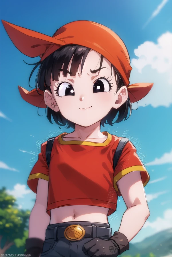 dragonballpan, <lora:dragon ball pan-lora-nochekaiser:1>,
pan gt, short hair, black hair, gloves, short sleeves, black gloves, belt, pants, fingerless gloves, (black eyes:1.5), (red shirt:1.5), black belt, bandana, orange bandana, female , grey pants, smile,
BREAK ,
BREAK outdoors, forest, nature, trees, grass, clouds, sky, sun,
BREAK looking at viewer, (cowboy shot:1.5),
BREAK <lyco:GoodHands-beta2:1>, (masterpiece:1.2), best quality, high resolution, unity 8k wallpaper, (illustration:0.8), (beautiful detailed eyes:1.6), extremely detailed face, perfect lighting, extremely detailed CG, (perfect hands, perfect anatomy),
