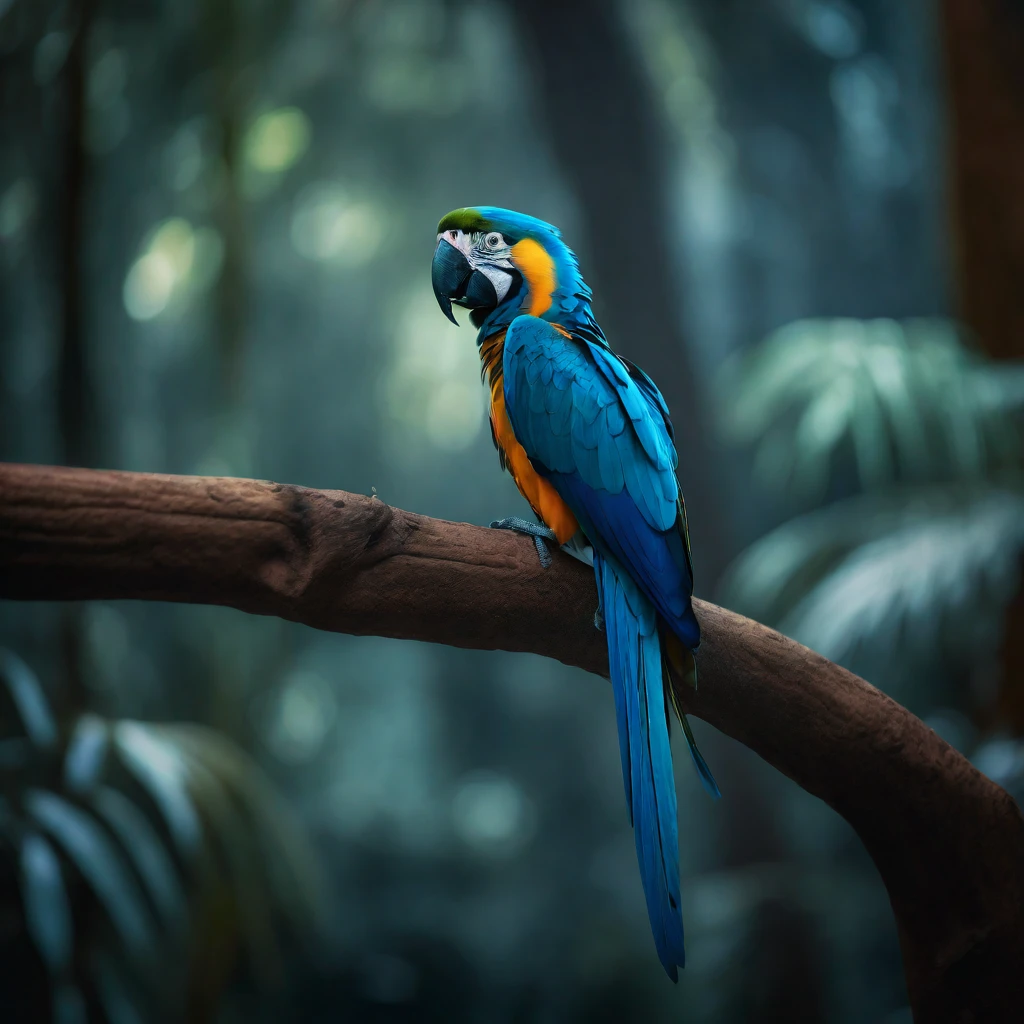 a blue macaw bird on a tree branch, in the background of the Amazon jungle, blurred background, rendering, best photo, 4k