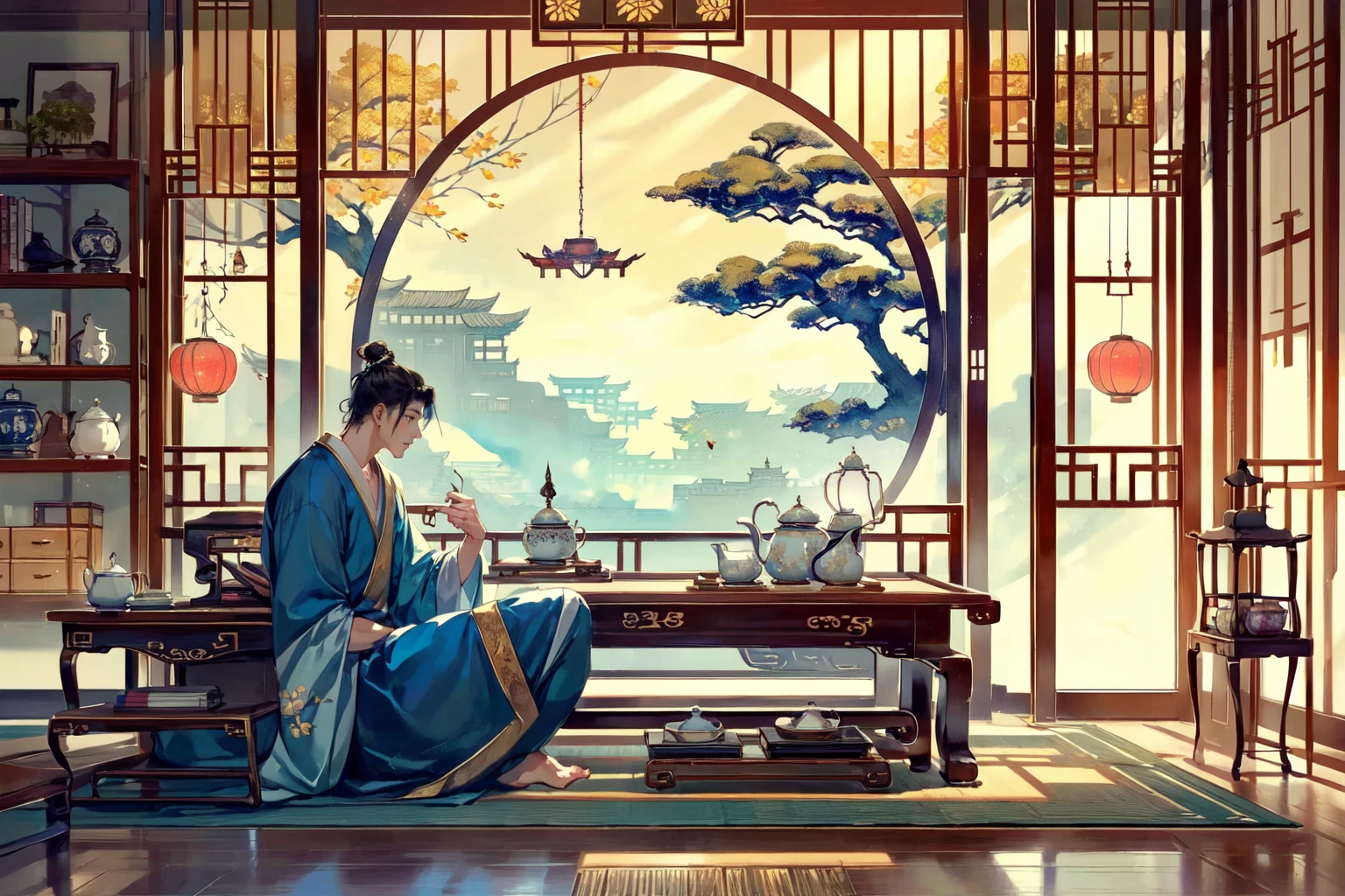 (masterpiece:1.2),best quality,PIXIV,
Hanama wine,sitting,painting \(object\),single hair bun,indoors,hair bun,long sleeves,multiple boys,table,holding,robe,2boys,lattice,profile,ceiling,outstretched arm,eastern dragon,male focus,long hair,hair pulled back,black hair,looking at another,wide sleeves,on floor,food,half updo,arm support,teapot,cup,topknot,vase,dragon,updo,indian style,chinese clothes,cushion,east asian architecture,round window,bangs,book,from side,architecture,fruit,sliding doors,window,lantern,smoke,shelf,hair ornament,ponytail,scroll,
<lora:Hanama wine V2-000018:0.8>,