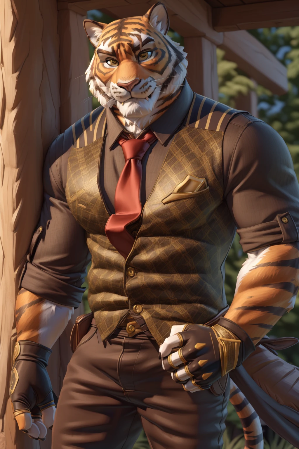 <lora:oscar-09:0.8>, oscarfortnite, yellow eyes, tail, mature male, (posing:1.3), (soft shading), 4k, hi res, five fingers, detailed hands, ((detailed face, (detailed eyes:1.5), detailed)), by zackarry911, by zaush, (by personalami:0.5), looking at viewer, short hair, shirt, gloves, 1boy, male focus, thighs, cowboy shot, necktie, collared shirt, pants, fingerless gloves, feet out of frame, fangs, thick thighs, thick eyebrows, red necktie, sleeves rolled up, plump, (open pants:1.5), penis, testicles, big penis, big balls,