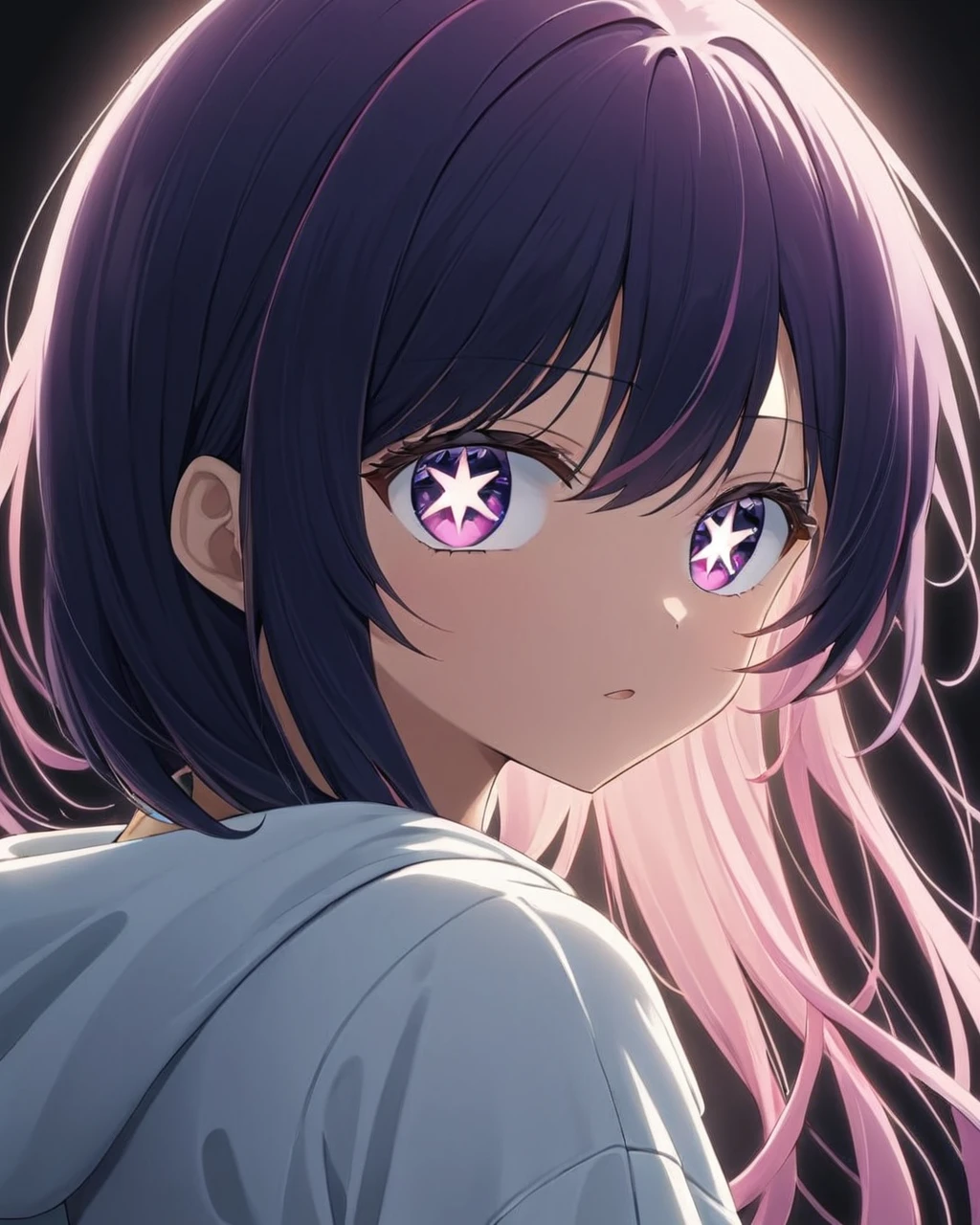 ai hoshino,1girl, solo, looking_at_viewer, black_background, white_hoodie, parted_lips, upper_body, hood_down
<lora:hoshino_ai_(oshi_no_ko)_image2321_2023-12-06:1>,star-shaped_pupils,symbol-shaped_pupils,. gorgeous,key visual, vibrant, studio anime,award-winning, professional, highly detailed,high budget, cinemascope