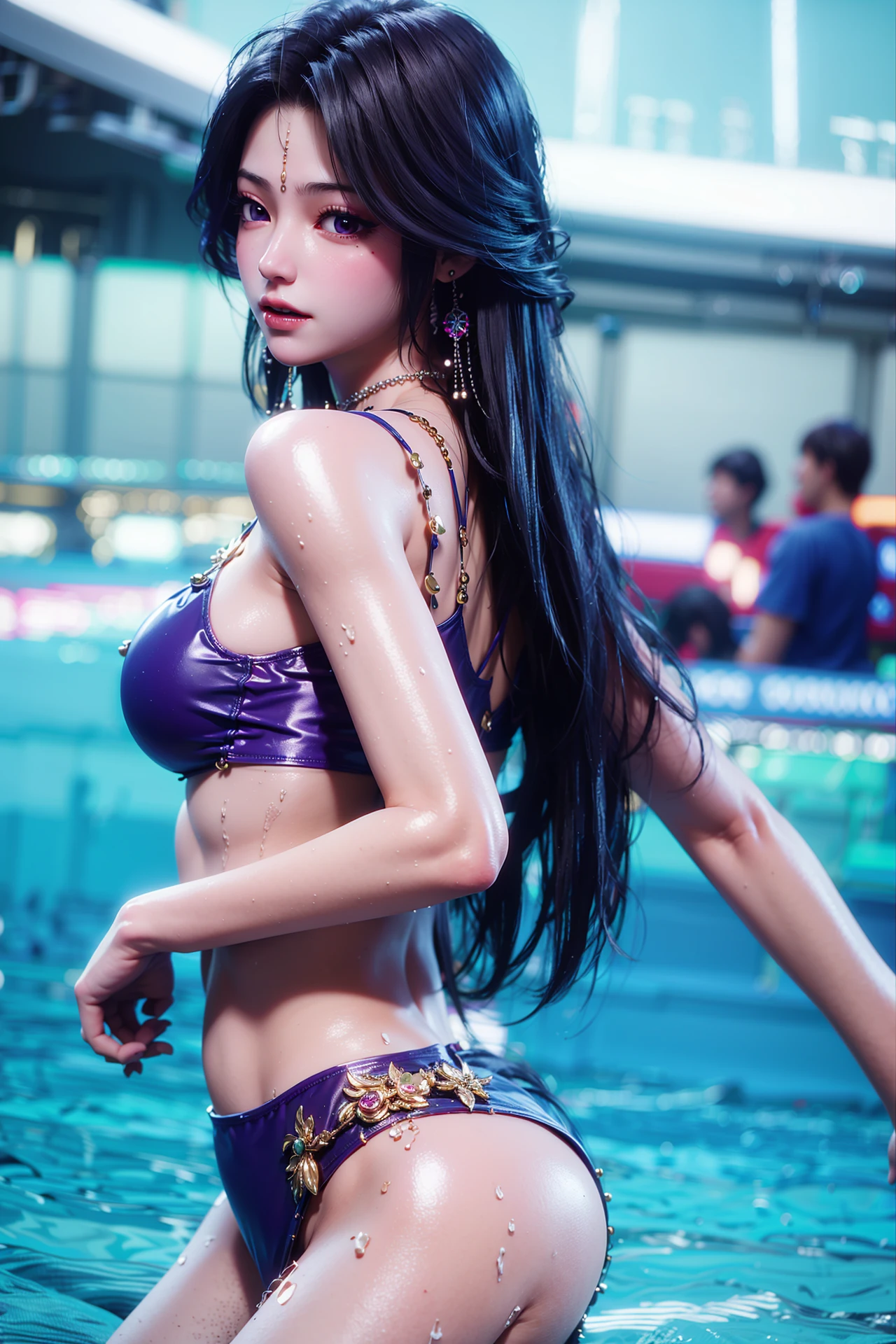 1girl, long hair, solo, necklace, jewelry, blurry, black hair, blurry background, purple eyes, navel, looking at viewer, swimsuit, wet, depth of field, very long hair, breasts, mole