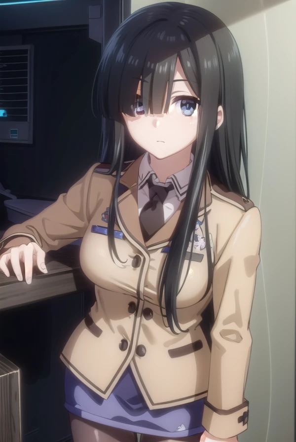hinakoshiizaki, <lora:hinako shiizaki s2-lora-nochekaiser:1>,
hinako shiizaki, long hair, black hair, (brown eyes:1.3), (hair over one eye:1.5),
BREAK skirt, jacket, pantyhose, necktie, uniform, black pantyhose, military, pencil skirt,
BREAK indoors, classroom,
BREAK looking at viewer, (cowboy shot:1.5),
BREAK <lyco:GoodHands-beta2:1>, (masterpiece:1.2), best quality, high resolution, unity 8k wallpaper, (illustration:0.8), (beautiful detailed eyes:1.6), extremely detailed face, perfect lighting, extremely detailed CG, (perfect hands, perfect anatomy),