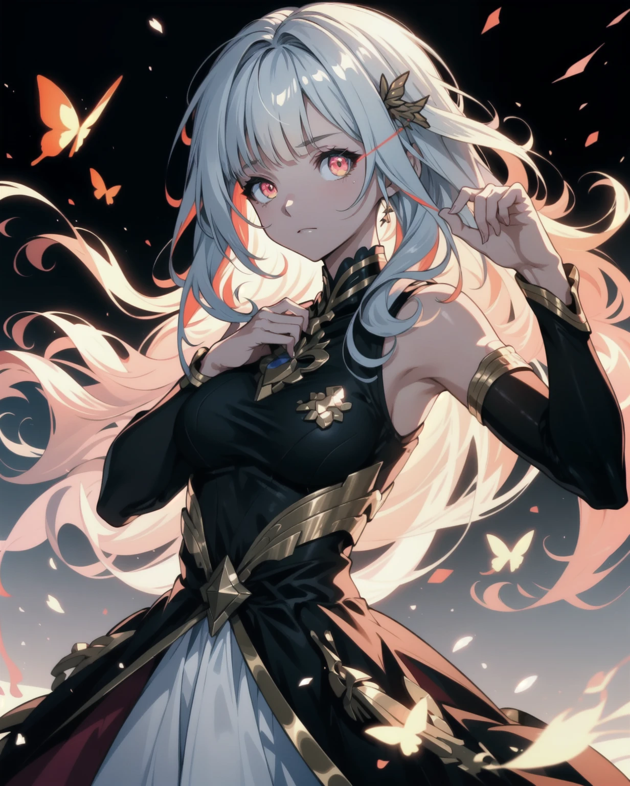 (absurdres, highres, ultra detailed), 1girl, anime, anime style, mature female, wavy hair, long hair, blunt bangs, eye trail, flaming eye, red eye trail, multicolored hair, glowing eye, red flaming eye, black dress, finely detailed eyes and detailed face, extremely detailed CG unity 8k wallpaper, intricate details, BREAK , kaleidoscopic imagery, symmetrical patterns, vibrant colors, geometric shapes, mesmerizing designs, optical illusions, dynamic composition BREAK , pantomime art, expressive body language, silent storytelling, evocative gestures, visual narratives, theatrical performances BREAK , butterflies, butterfly hair pins, colorful petals, fragrant scents, nature's bounty, vibrant gardens, peaceful scenery, glow, glare, diffused lights