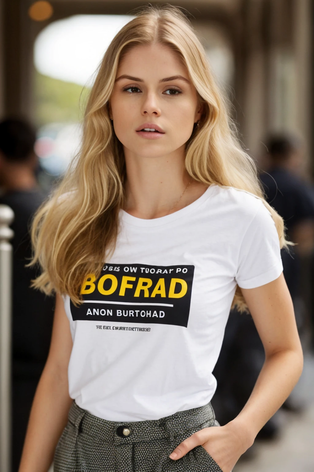 <lora:erin-01:1> 3r1n,woman, long blonde hair, upper body, wearing a tshirt and pants