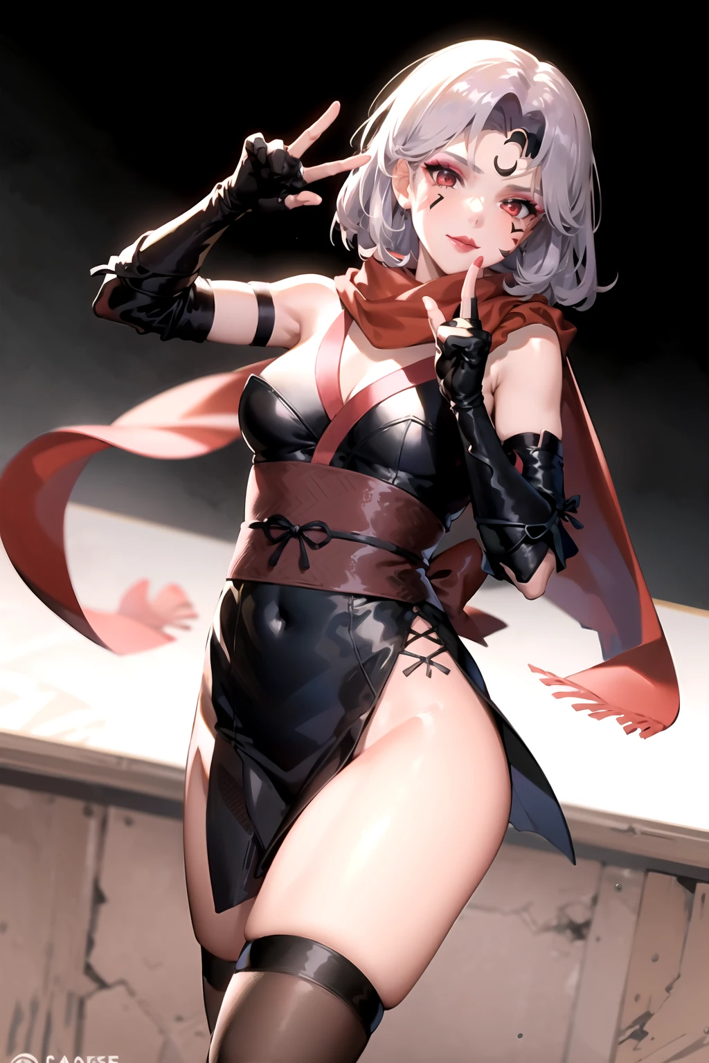 1girl, action pose, <lora:NinjaT-15:0.7>, NinjaT, scarf, short kimono, <lora:EvlSM-15:0.7>, EvlSM, long legs, crescent, crescent facial mark, makeup, lipstick, mascara, eyeshadow, best quality, masterpiece, highres