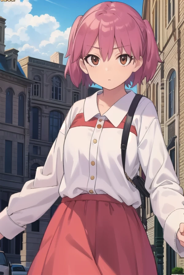 natsumihinata, <lora:natsumi hinata movie-lora-nochekaiser:1>,
natsumi hinata, short hair, twintails, pink hair, (brown eyes:1.5),
BREAK shirt, long sleeves, white shirt, collared shirt, ribbon, red ribbon, skirt, grey skirt,
BREAK outdoors, city, sky, clouds, sun, buildings, crowd, people,
BREAK looking at viewer, (cowboy shot:1.5),
BREAK <lyco:GoodHands-beta2:1>, (masterpiece:1.2), best quality, high resolution, unity 8k wallpaper, (illustration:0.8), (beautiful detailed eyes:1.6), extremely detailed face, perfect lighting, extremely detailed CG, (perfect hands, perfect anatomy),