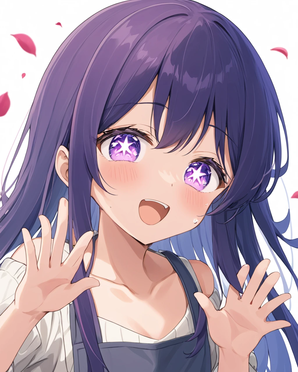 ai hoshino,1girl, solo, looking_at_viewer, crying_with_eyes_open, open_mouth, collarbone, apron, upper_body, white_background, reaching_towards_viewer, sweater, falling_petals, simple_background, shirt, blush, :d
<lora:hoshino_ai_(oshi_no_ko)_image2321_2023-12-06:1>,star-shaped_pupils,symbol-shaped_pupils,. gorgeous,key visual, vibrant, studio anime,award-winning, professional, highly detailed,high budget, cinemascope