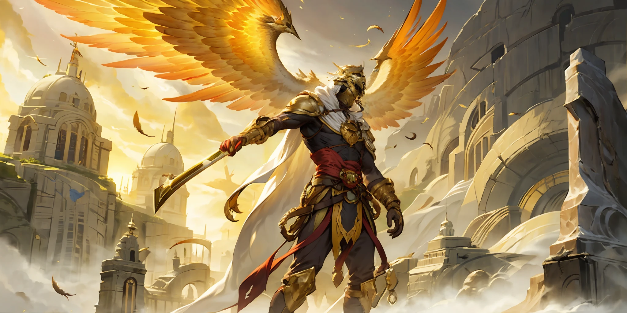 HEZI, LOL, \\\(lol style\\\), game cg, bird, weapon, holding, wings, outdoors, holding weapon, gloves, armor, feathers, helmet, sword, sky, 1boy, brown gloves, white cape, cape, solo, flying, male focus, holding sword, cloud, ruins, mask, 1girl, dark skin, sunlight, hood, belt, scenery, standing, sun<lora:LOLå·¨ç¥å³°_天ç(8bit)2-000018:0.7>,