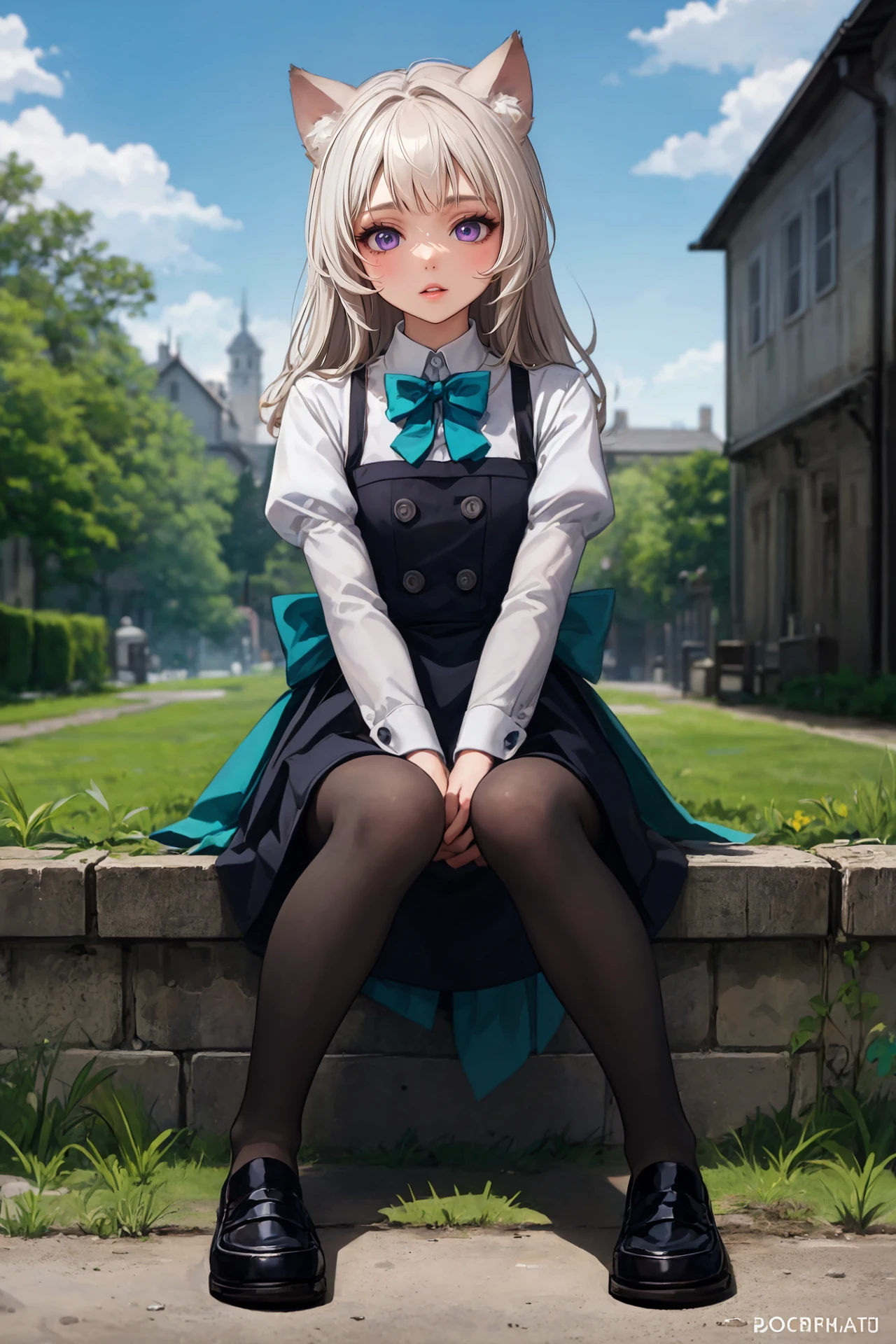 masterpiece, best quality, solo, 1girl, (full body:1.5), parted lips, (sitting, legs crossed:1), french town, outdoors, <lora:Genshin_Lynette_Young_v3-000060:0.6>, long hair, long sleeves, black dress, black vest, collared shirt, teal bow, cat ears, parted lips, purple eyes, cat tail, grey hair, grey pantyhose, black loafers, puffy sleeves, bowtie, plaid skirt, pleated skirt, black skirt, teal skirt, pov