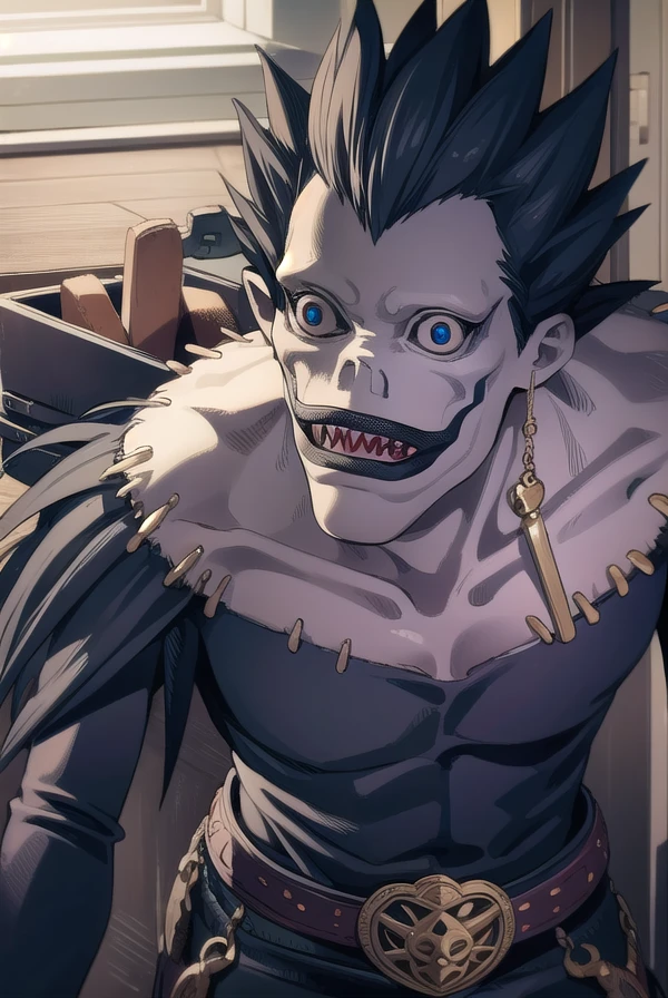 ryuk, <lora:ryuk manga-lora-nochekaiser:1>,
ryuk, jewelry, male focus, teeth, belt, necklace, grin, sharp teeth, spiked hair, skull, crazy eyes, horror \(theme\),
BREAK ,
BREAK indoors,
BREAK looking at viewer, (cowboy shot:1.5),
BREAK <lyco:GoodHands-beta2:1>, (masterpiece:1.2), best quality, high resolution, unity 8k wallpaper, (illustration:0.8), (beautiful detailed eyes:1.6), extremely detailed face, perfect lighting, extremely detailed CG, (perfect hands, perfect anatomy),