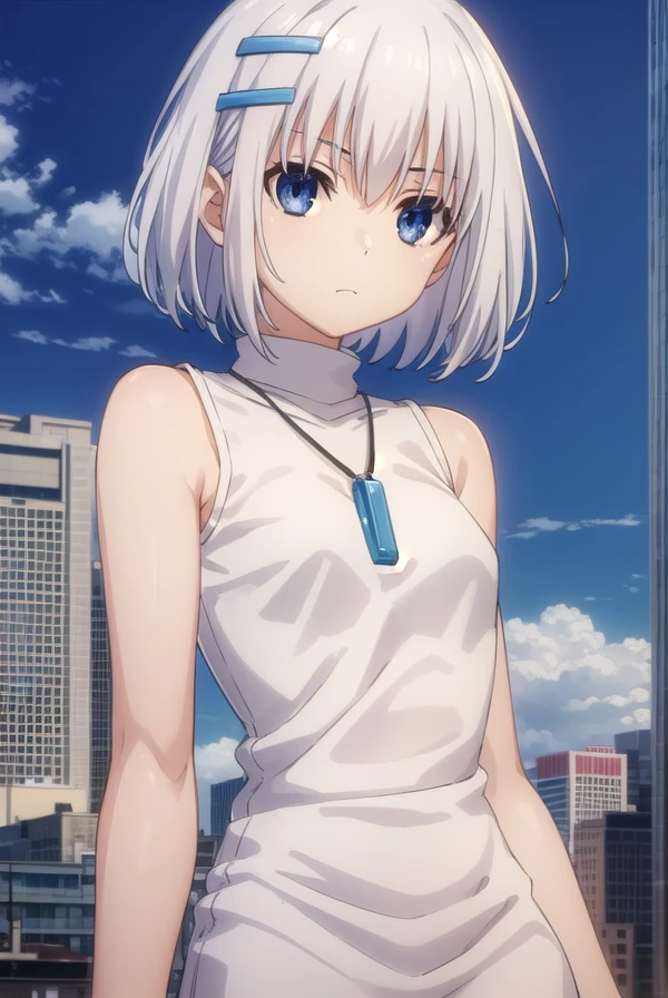 origamitobiichi, <lora:origami tobiichi s2-lora-nochekaiser:1>,
origami tobiichi casual, short hair, blue eyes, hair ornament, bare shoulders, jewelry, white hair, sleeveless, hairclip, necklace, turtleneck, sleeveless turtleneck, strap between breasts, white dress,
BREAK ,
BREAK outdoors, sky, blue sky, clouds, sun, city, buildings, crowd, people,
BREAK looking at viewer, (cowboy shot:1.5),
BREAK <lyco:GoodHands-beta2:1>, (masterpiece:1.2), best quality, high resolution, unity 8k wallpaper, (illustration:0.8), (beautiful detailed eyes:1.6), extremely detailed face, perfect lighting, extremely detailed CG, (perfect hands, perfect anatomy),