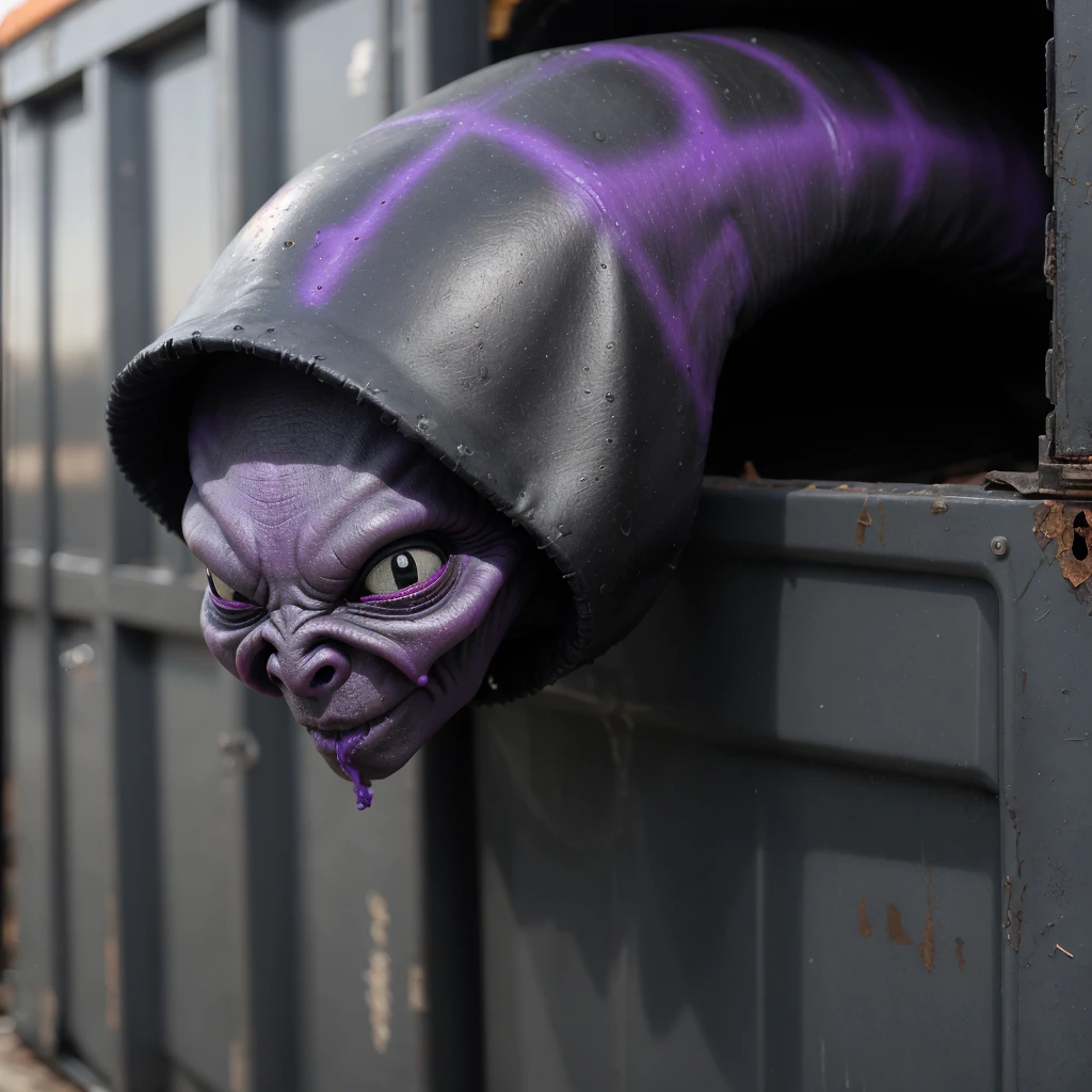 a black and purple scary alien hiding behind a dumpster<lora:scaryalien_20_2:1.0><lora:scaryalien_20_2:1.0>