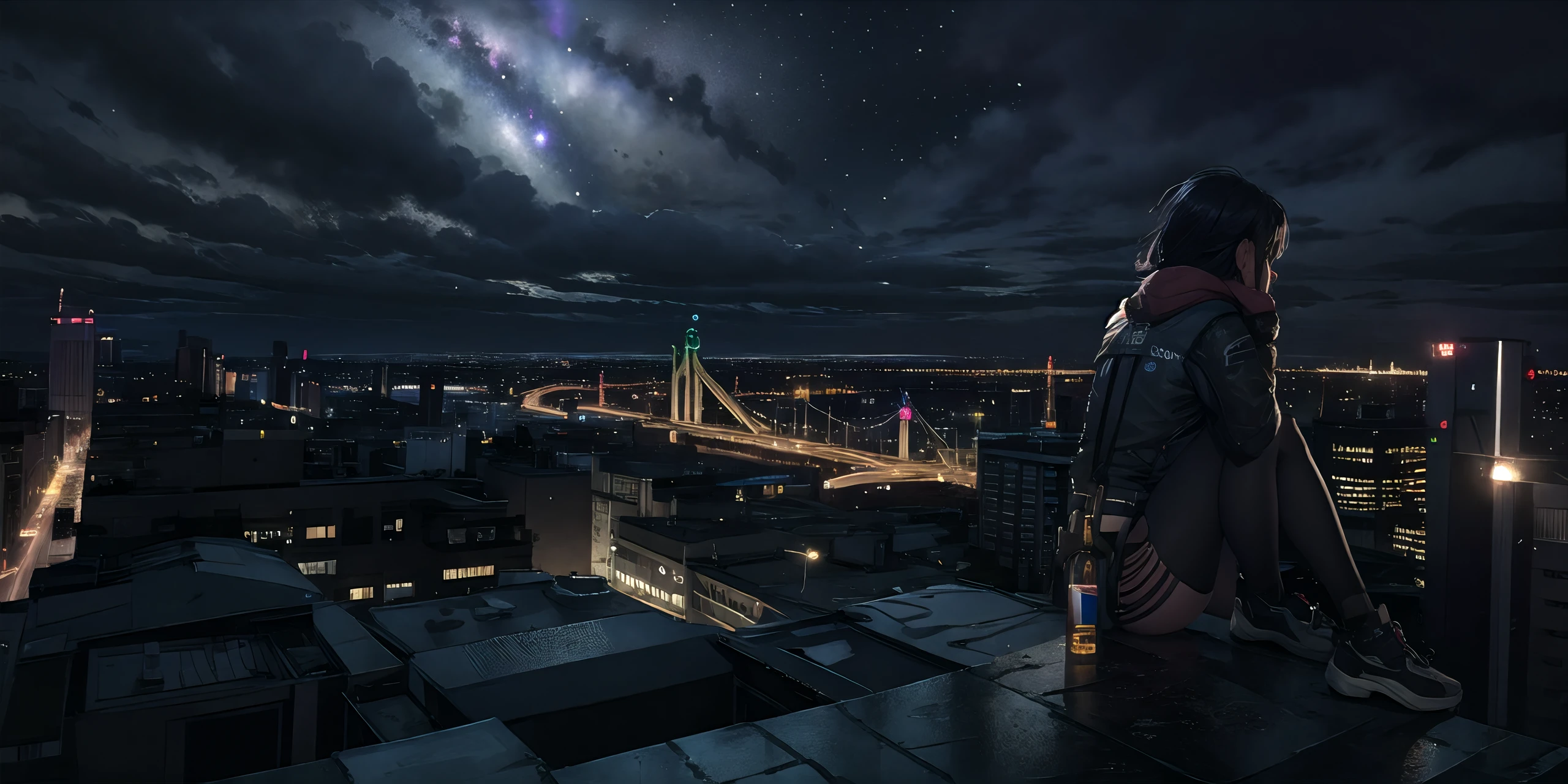 <lora:Grand Scale:1>, grandscale, massive city, (very wide shot:1.2),(city:1.3), cityscape, cliff, 1girl, girl sitting on a cliff, from behind, milky way, night, darkness, dark, city in distance, very wide city, lights, urban city, modern city ,<lora:LowRA:0.8> dark theme, cyberpunk city