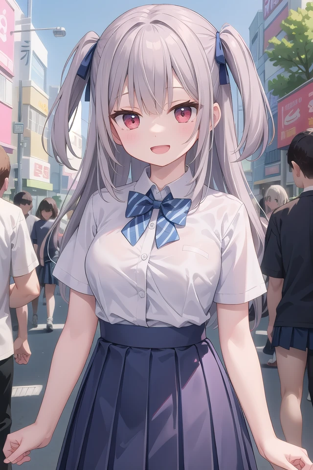insanely detailed, absurdres, ultra-highres, ultra-detailed, best quality,
1girl, solo, nice hands, perfect hands,
BREAK
summer uniform with indigo blue bowtie, (short sleeves, dark blue skirt, pleated skirt:1.3), (indigo blue:1.3) bowtie, (white shirt:1.3), shirt with white button, (skirt with many pleats:1.4), plain shirt, plain skirt, (striped bowtie:1.3), shirt_tucked_in ,
BREAK
happy smile, laugh, open mouth, standing,
(45 angle:-1.5), (from side:-1.5),
cute pose, cowboy shot,
BREAK
slender, kawaii, perfect symmetrical face, ultra cute girl, ultra cute face, ultra detailed eyes, ultra detailed hair, ultra cute, ultra beautiful,
BREAK
in harajuku, shibuya, tokyo, street, crowd, cityscape,
BREAK
medium large breasts,
(grey hair, red eyes),