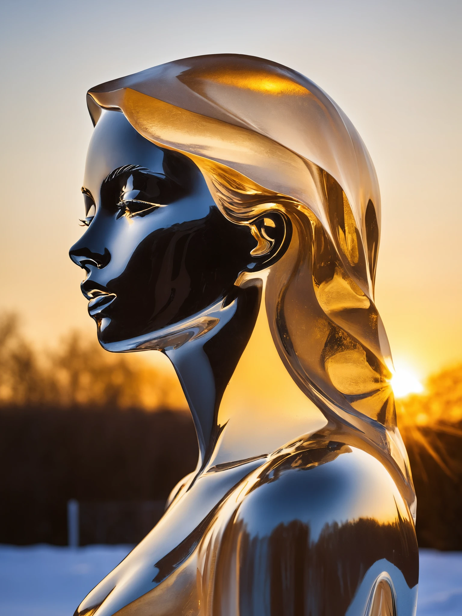 icesculpture of woman,golden hour,