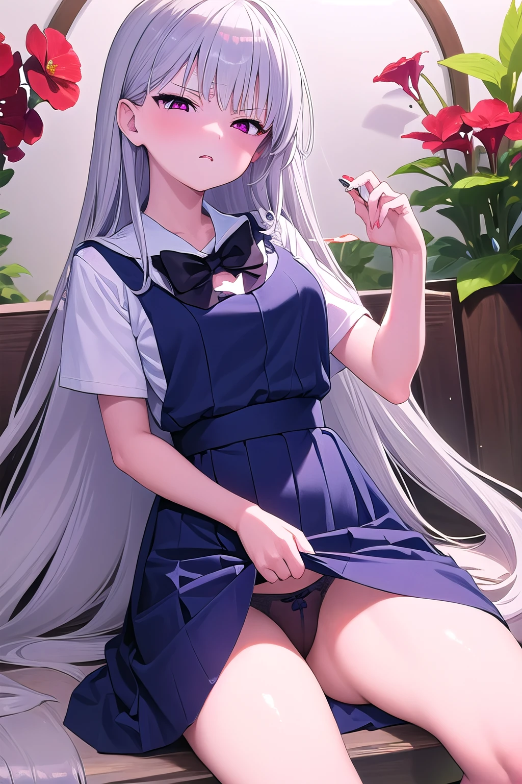 masterpiece, best quality, ultra-high-detailed, disgusted face, kazami kazuki, silver hair, long hair, purple eyes, school uniform, black bow