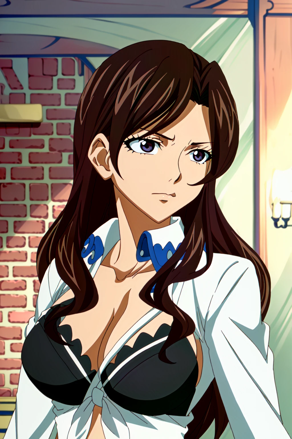 (extremely detailed CG unity 4k wallpaper),(masterpiece),(ultra quality),(ultra-detailed),(best illustration),(best shadow),(absurdres),(detailed background), <lora:OGT_Cana_Alberona-v2:1> Cana Alberona, 1girl, breasts, solo, cleavage, long hair, brown hair, underwear, bra, tied shirt, medium breasts, upper body, large breasts