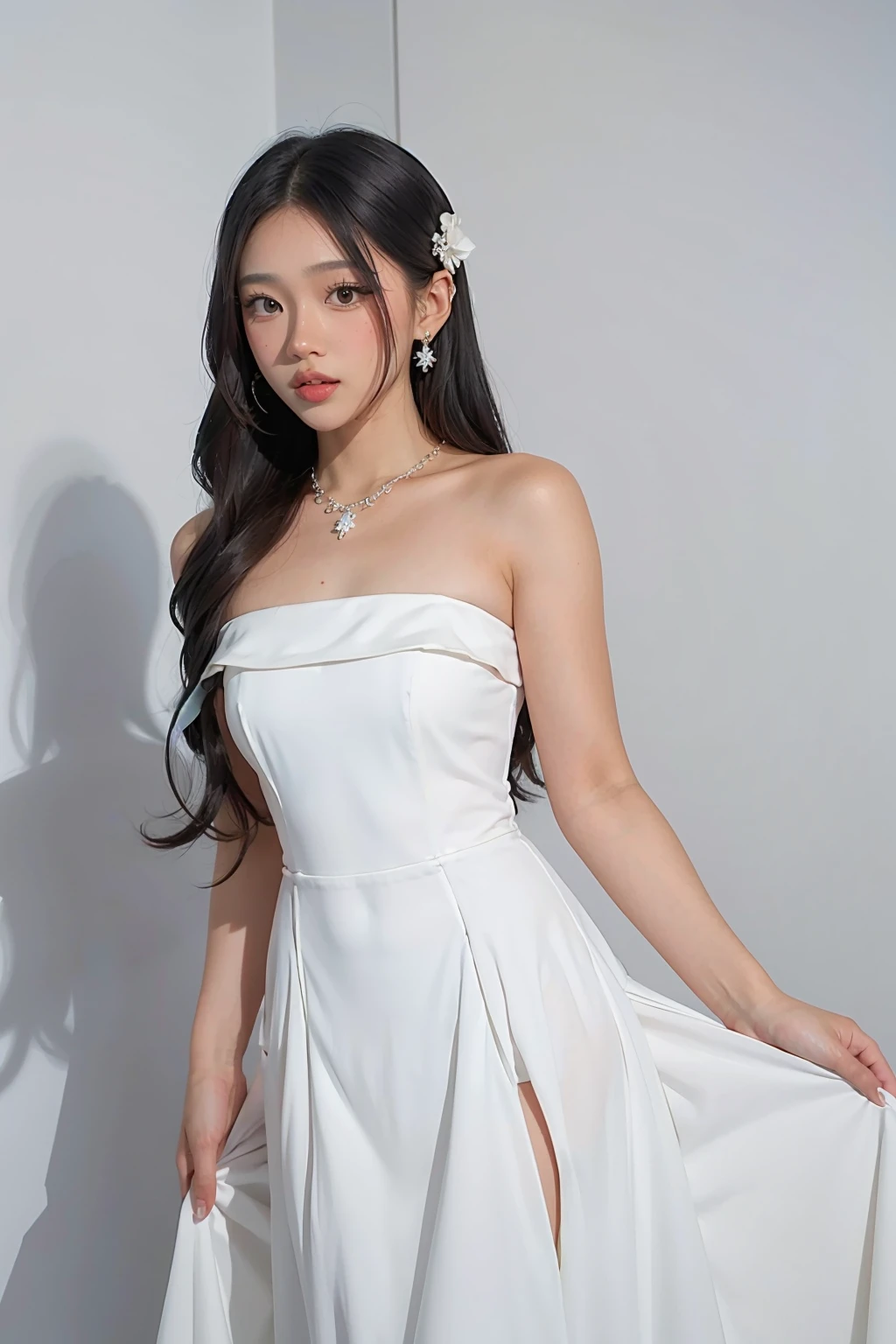 1girl, black formal long dress,white background, <lora:sandydianabang-04:1>