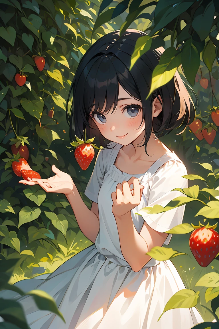 masterpiece,best quality,ultra detailed background, BREAK light colors,daylight,focus on girl,depth of field,translucent layers, Blending with Plants, fluid textures, subtle hues, organic forms, poetic atmosphere, BREAK Smiling little girl picking strawberries from the vegetable garden,<lora:GoodHands-beta2:1>