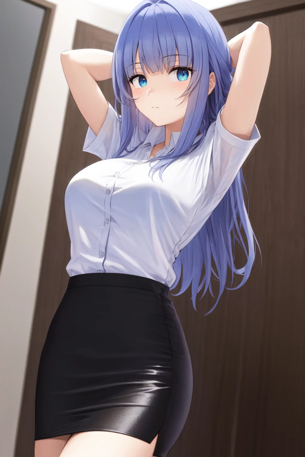 naked, blush, surprised expression, heart eyes, long hair, trembling body, white dress shirt, black microskirt , necktie, silver hair, purple eyes, NSFW
