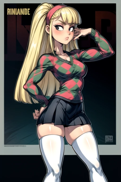 masterpiece, best quality <lora:kendall2:0.8> kendallkick, 1girl, solo, long hair, skirt, blonde hair, hairband, miniskirt, black eyes, sweater, white thighhighs, standing pose, <lora:more_details:1>