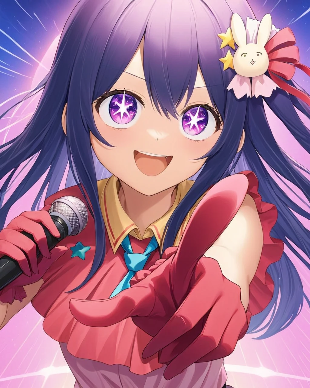 ai hoshino,1girl, solo, open_mouth, star_\(symbol\), idol, holding_microphone, red_gloves, necktie, smile, symbol-shaped_pupils, rabbit_hair_ornament, ribbon
<lora:hoshino_ai_(oshi_no_ko)_image2321_2023-12-06:1>,star-shaped_pupils,symbol-shaped_pupils,. gorgeous,key visual, vibrant, studio anime,award-winning, professional, highly detailed,high budget, cinemascope