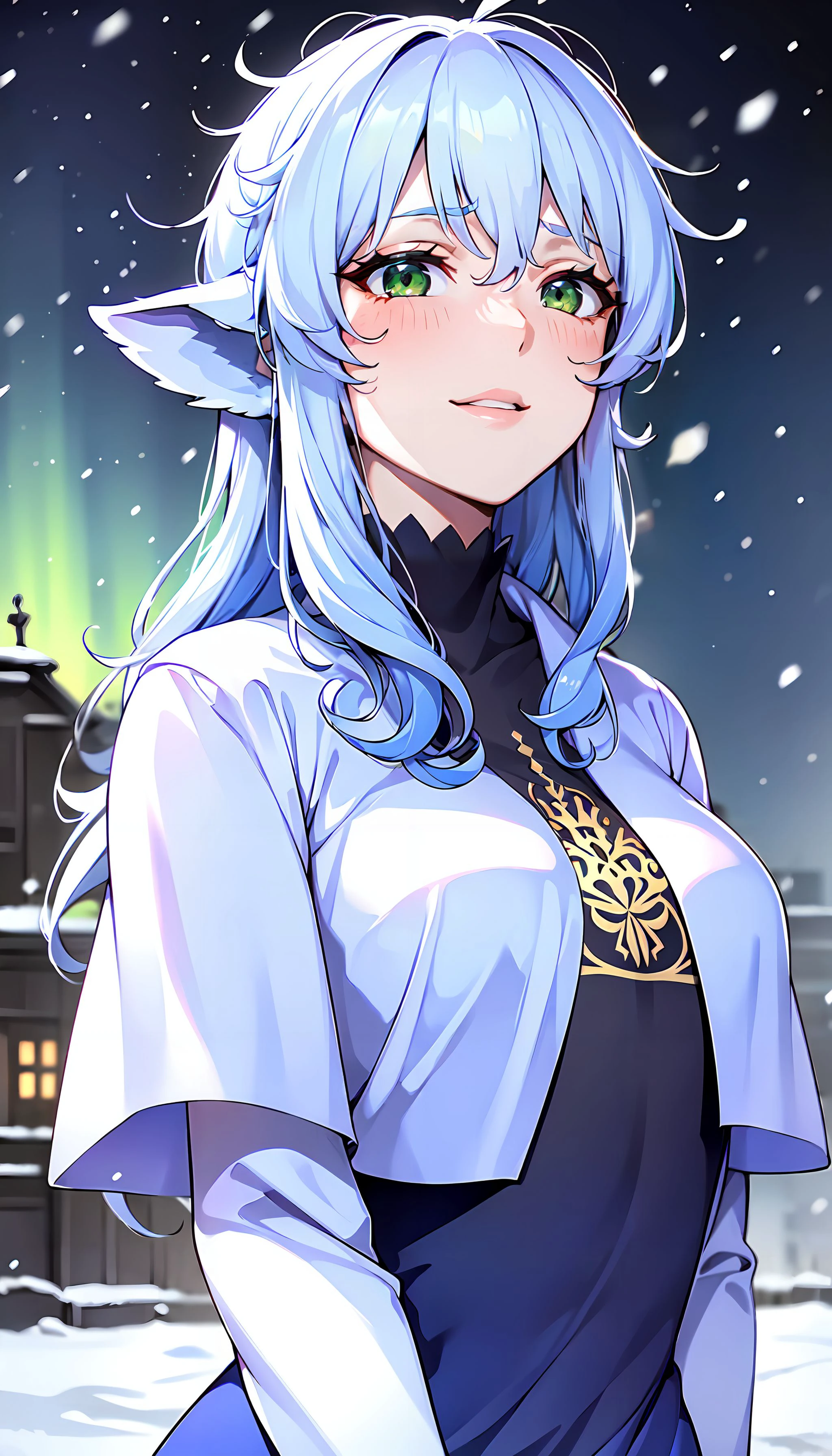 photorealistic, (4k), (Masterpiece), (realistic skin texture), extremely detailed, intricate, hyper detailed, high resolution, sharp detail, best quality, woman, blue dress, white shrug, white gloves, white hair, white cat ears, green eyes, <lora:Karen_Fenrir_VRMMO1-000002:0.7> , outdoors, winter, snowing, aurora, looking up, night sky, <lora:GoodHands-vanilla:1>